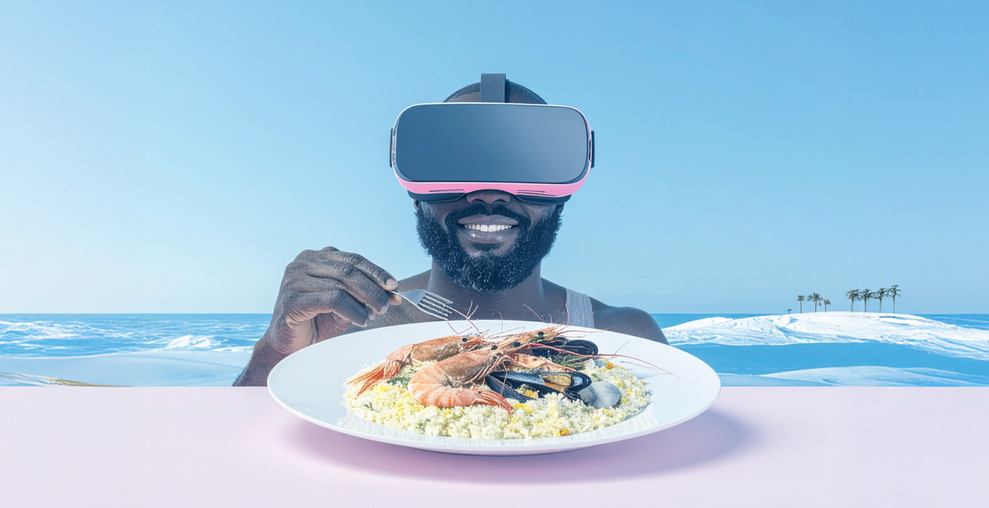 An AI generated image of a man holding a fork above a plate of seafood, set against a seaside vista