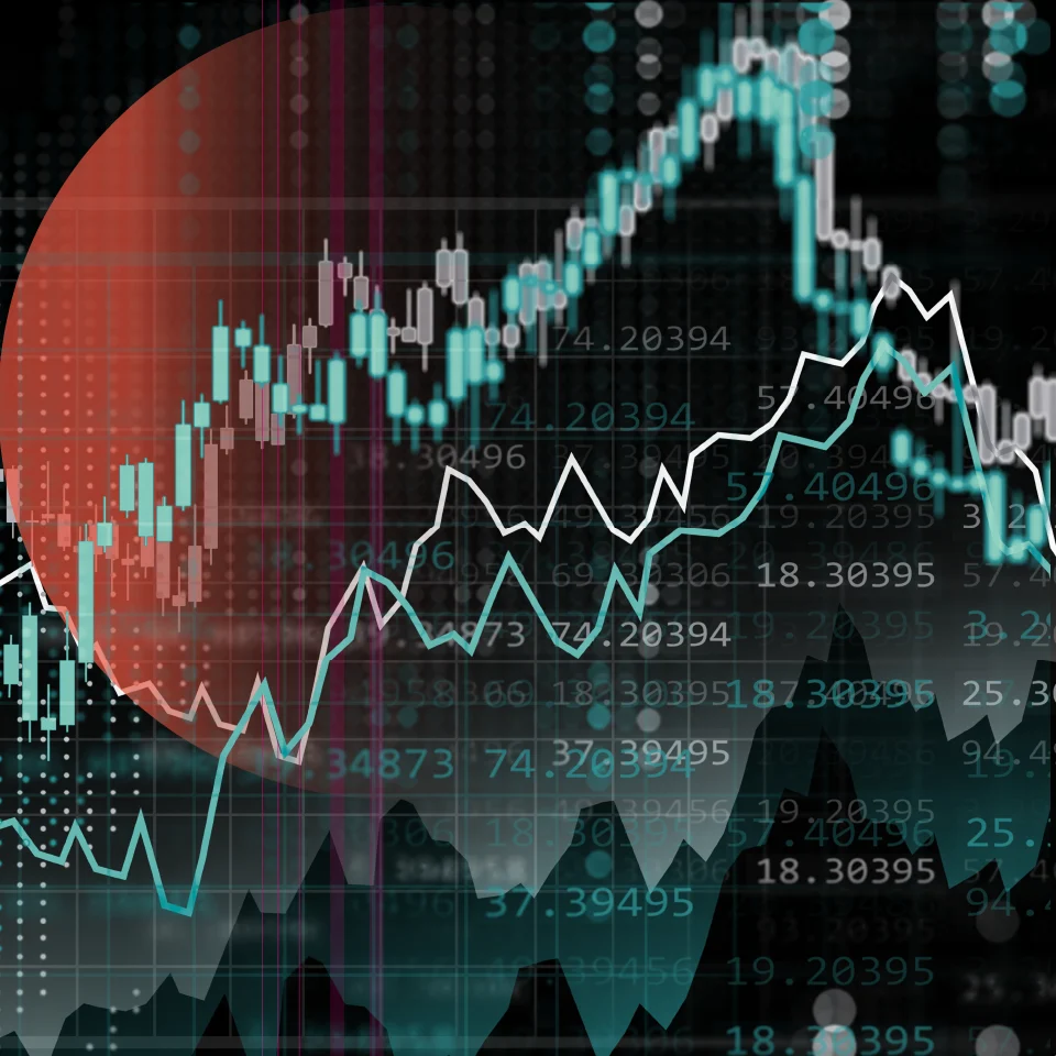 Abstract financial chart with teal and white candlesticks and line graphs overlaid on numbers and a dark background. A red circular gradient sits behind the graph on the upper left quadrant.